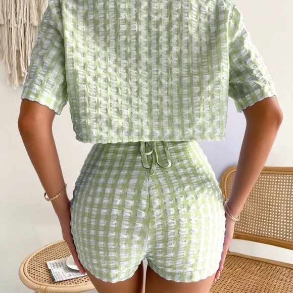 GREEN 3 PIECE GINGHAM SUMMER SET STREETWEAR BEACHY VACAY - Picture 6 of 7